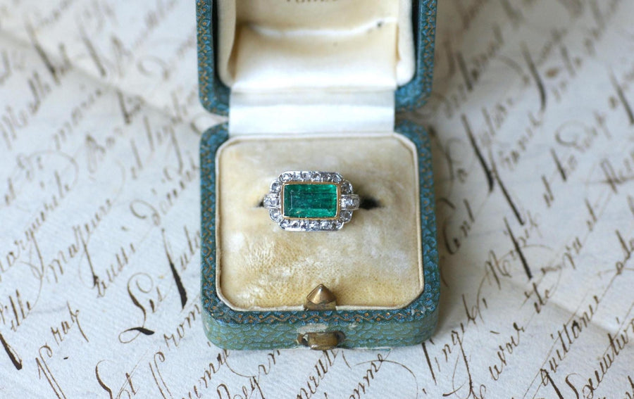 Art deco Colombian Emerald 1.70 Cts and diamonds ring - Galerie Pénélope
