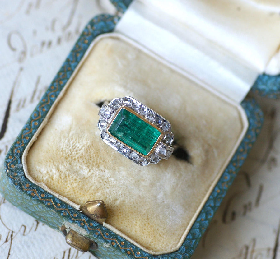 Art deco Colombian Emerald 1.70 Cts and diamonds ring - Galerie Pénélope
