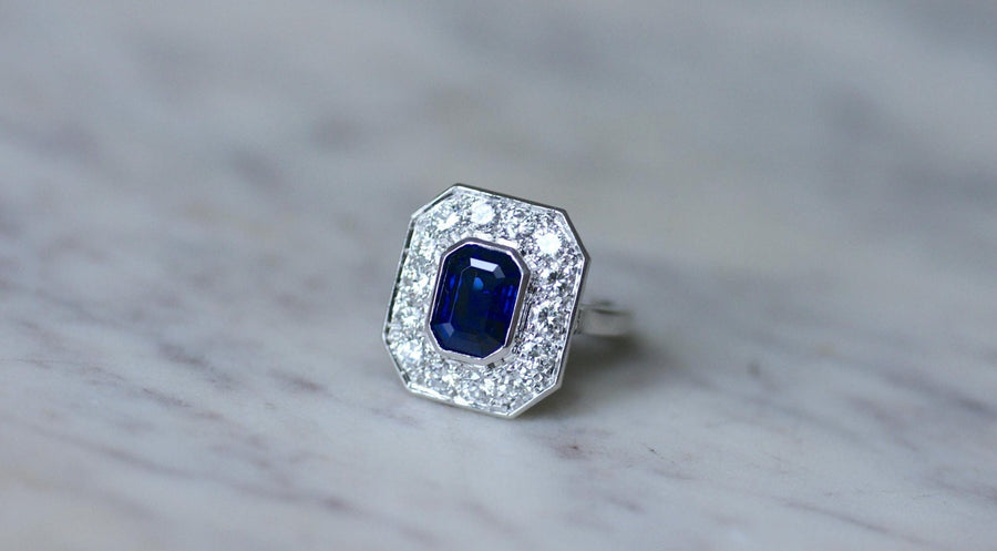 Platinum Hexagonal Sapphire and Diamond Ring - Galerie Pénélope
