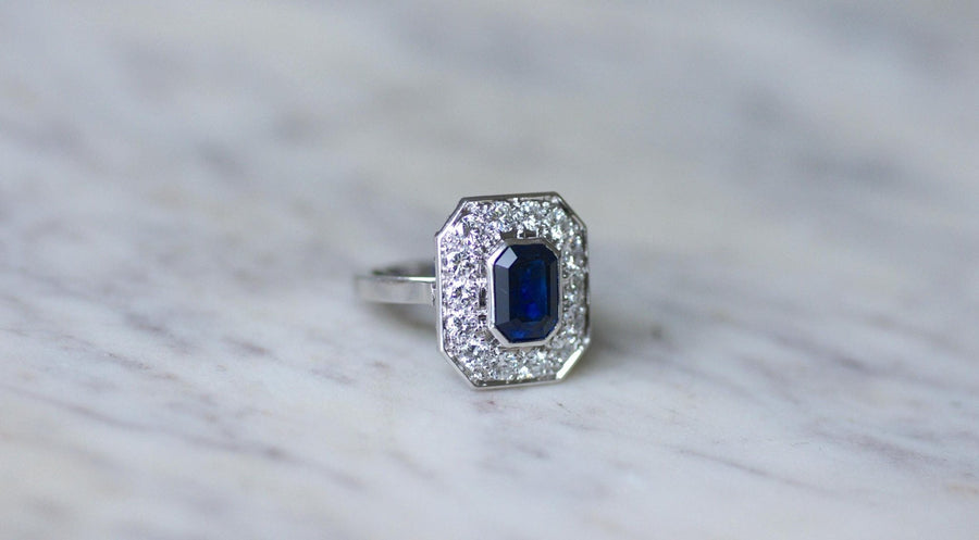 Platinum Hexagonal Sapphire and Diamond Ring - Galerie Pénélope