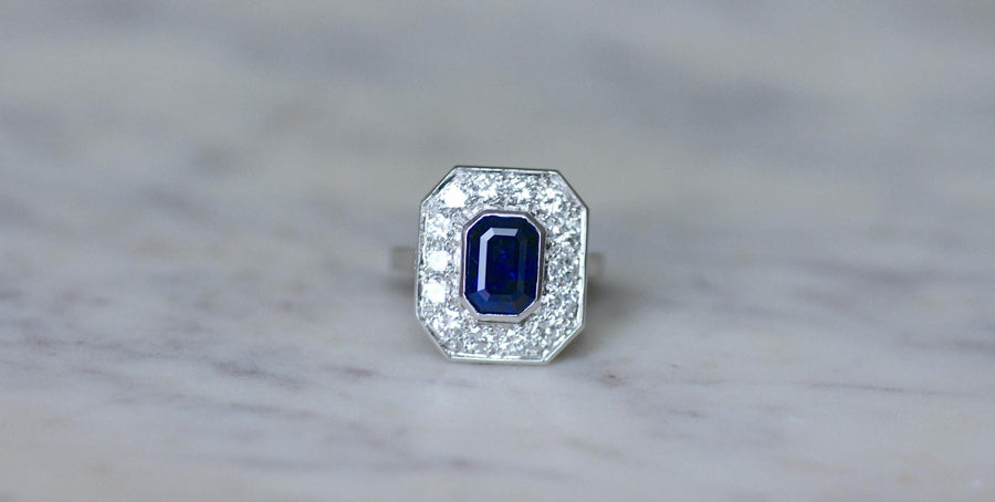 Platinum Hexagonal Sapphire and Diamond Ring - Galerie Pénélope
