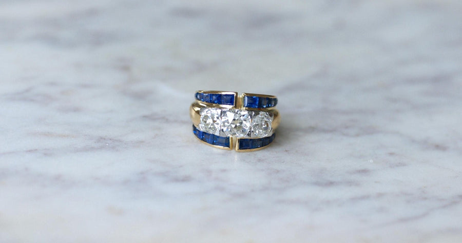 Asymmetrical Tank Ring Diamonds and Sapphires - Galerie Pénélope
