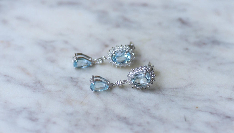 Blue Topaz and Diamond Drop Earrings on White Gold - Galerie Pénélope