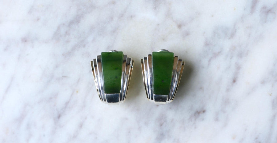 Puiforcat Earrings by André Vassort Jade on Gold and Silver - Galerie Pénélope