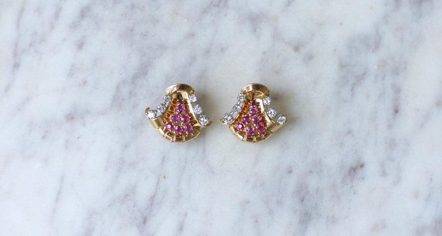 Retro Rose Gold, Ruby and Diamond Earrings - Galerie Pénélope