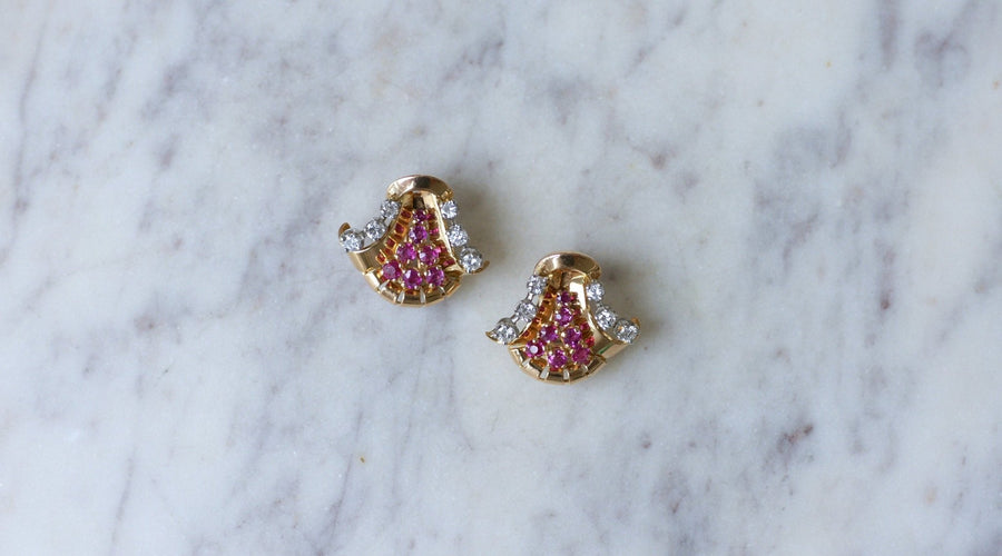 Retro Rose Gold, Ruby and Diamond Earrings - Galerie Pénélope