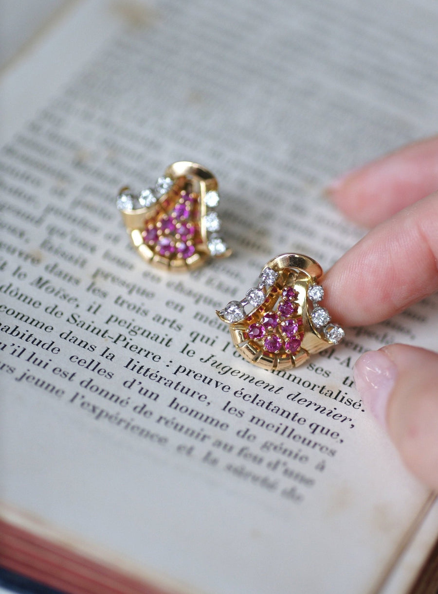 Retro Rose Gold, Ruby and Diamond Earrings - Galerie Pénélope
