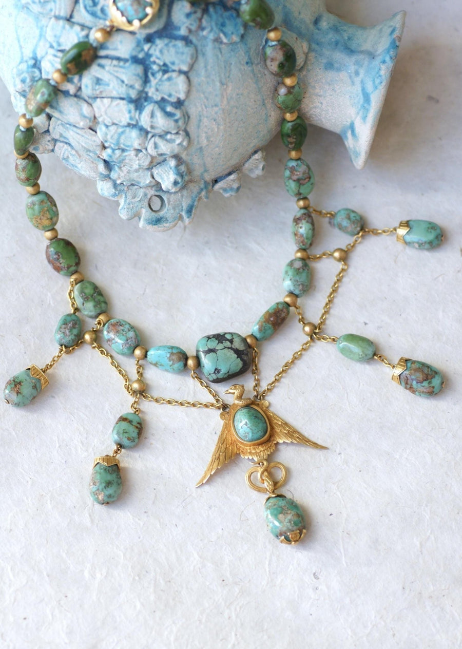 Antique Neo Egyptian Yellow Gold and Turquoise Necklace - Galerie Pénélope