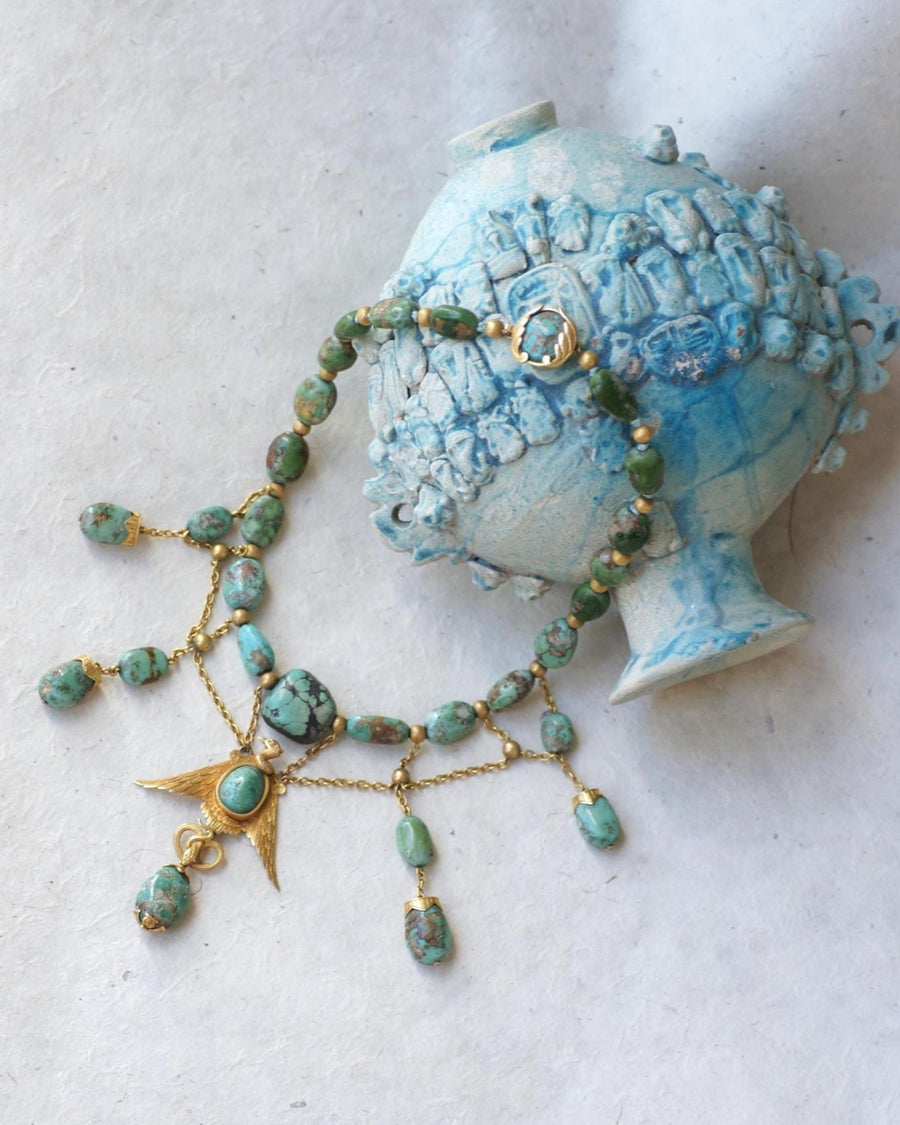 Antique Neo Egyptian Yellow Gold and Turquoise Necklace - Galerie Pénélope