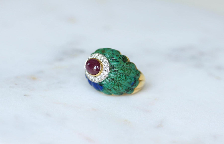 David Webb Ring Azurmalachite, Ruby, and Diamonds - Galerie Pénélope