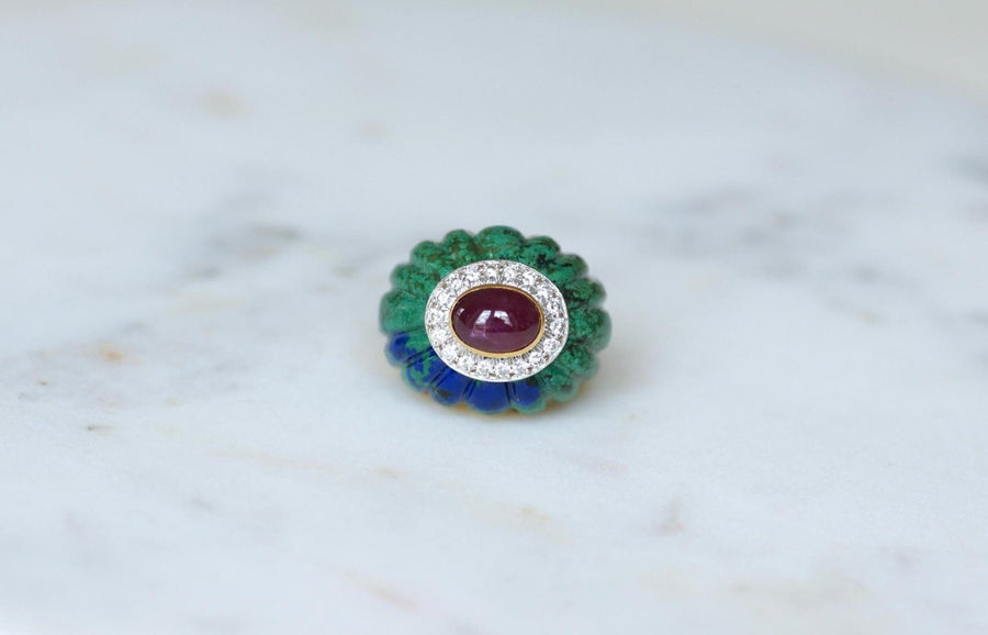 David Webb Ring Azurmalachite, Ruby, and Diamonds - Galerie Pénélope