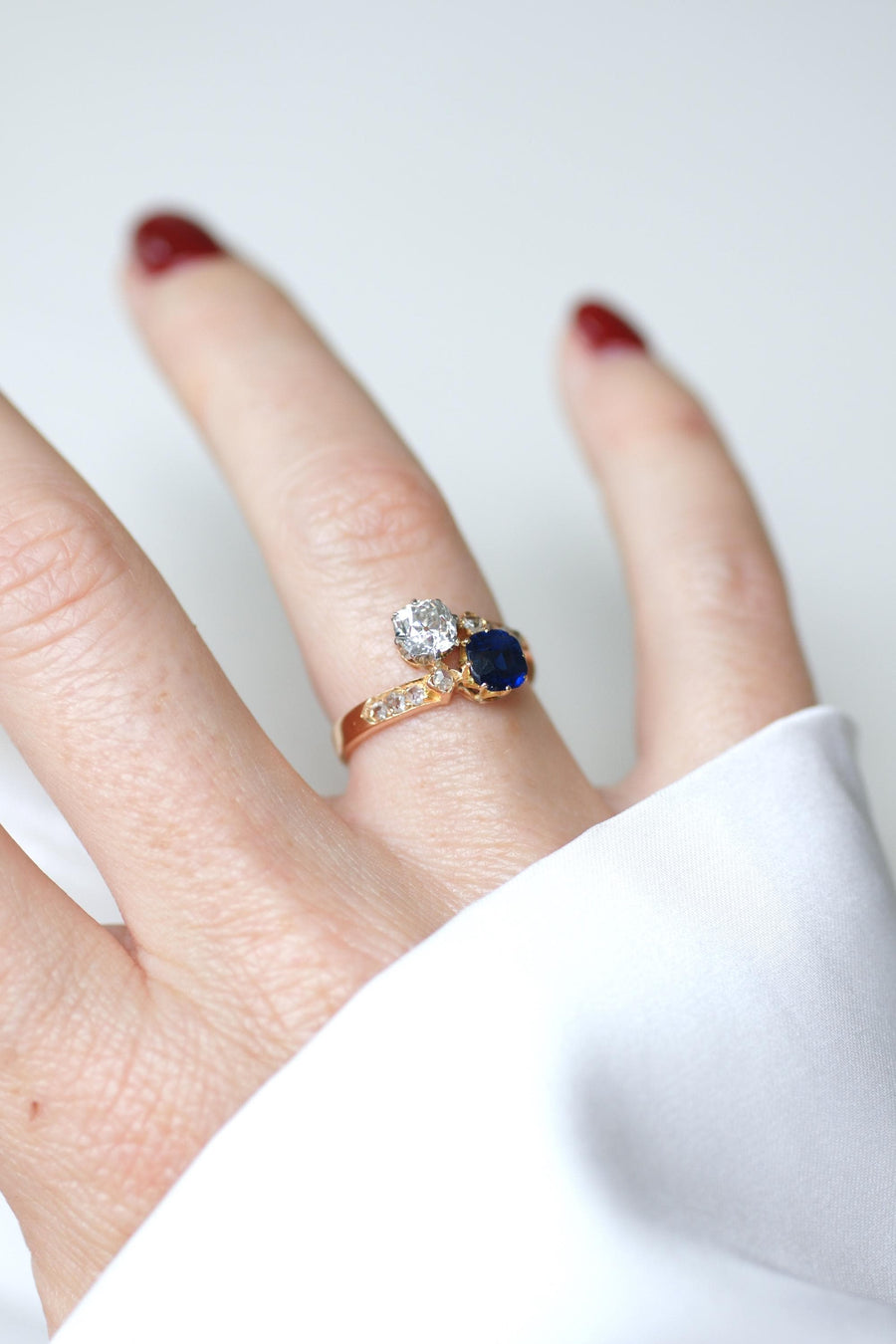 Toi et Moi Ring Sapphire and Diamond on Rose Gold and Platinum