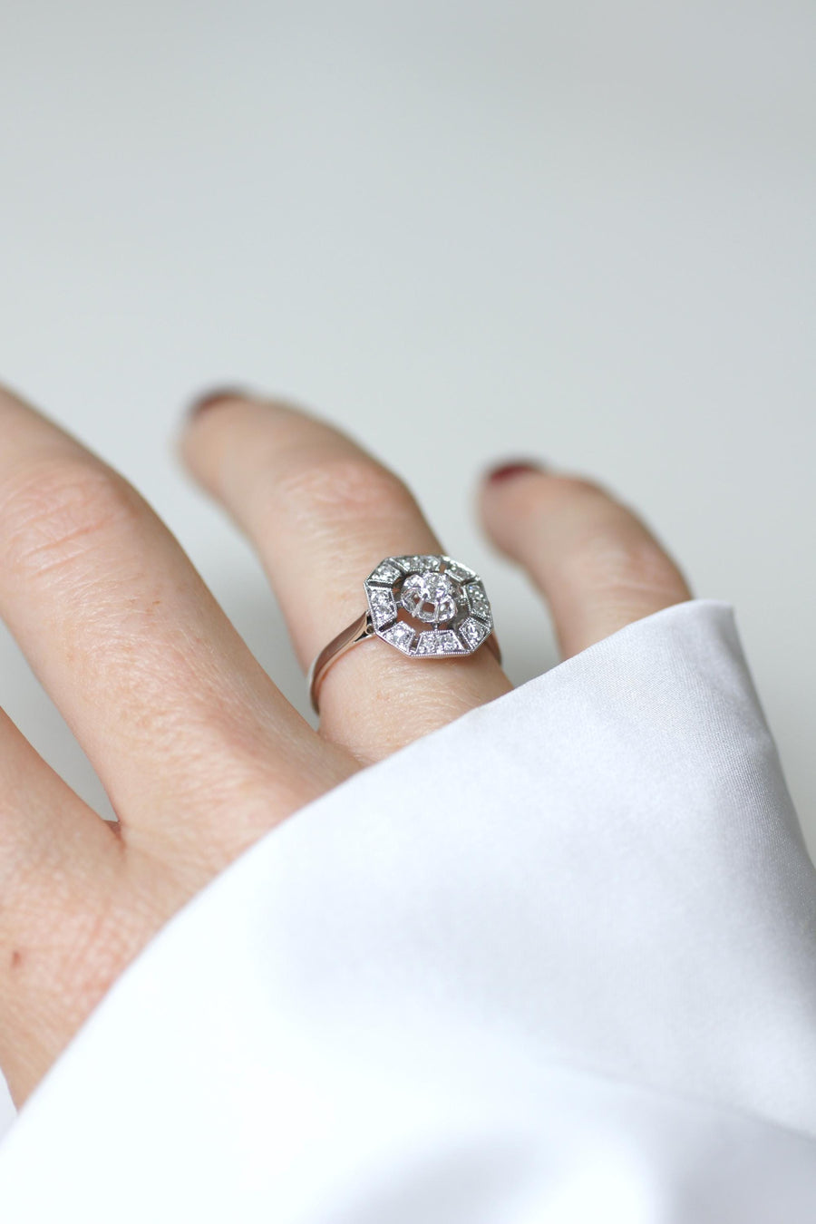 Octagonal Art Deco Ring 0.60 Ct Diamonds on White Gold and Platinum