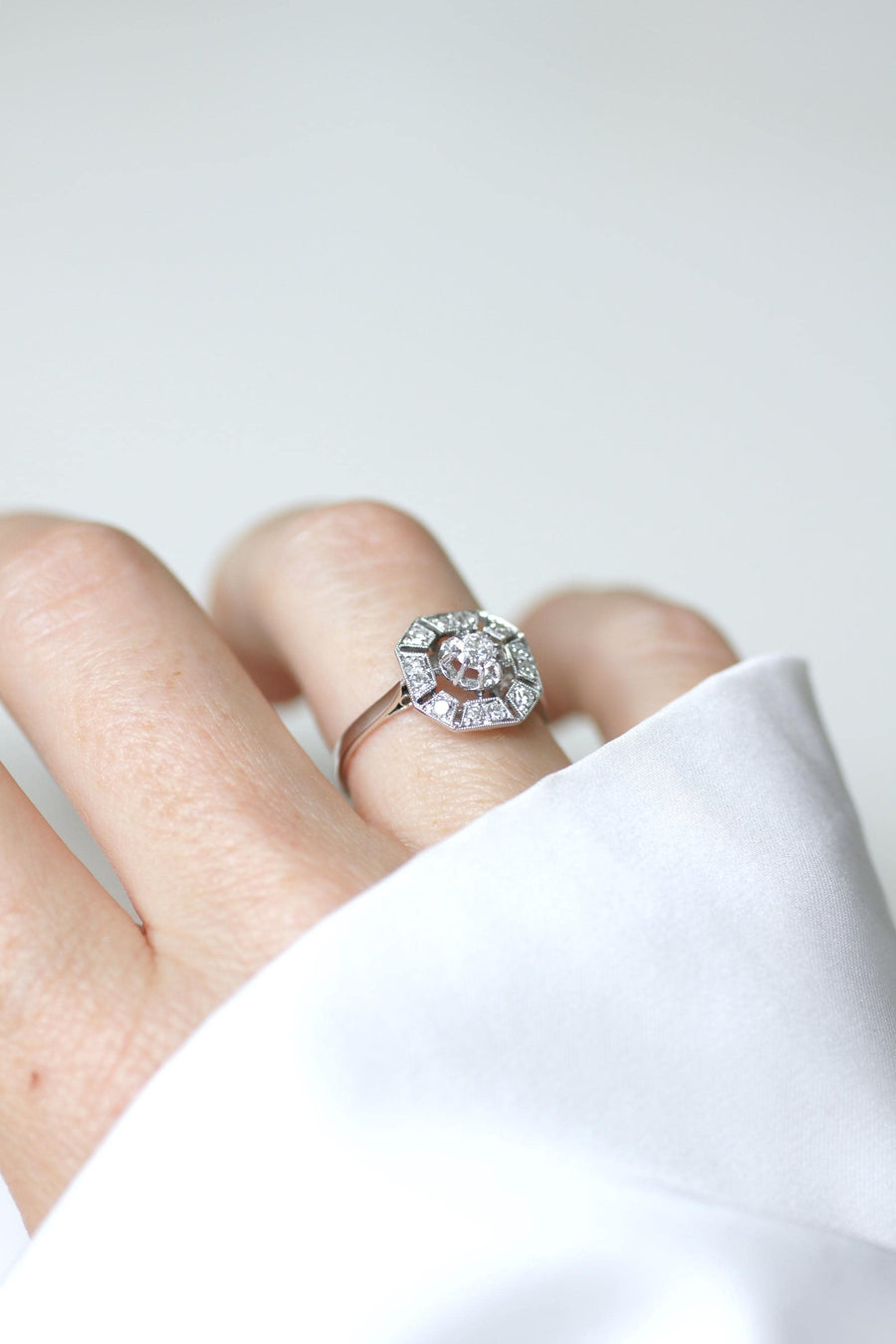 Octagonal Art Deco Ring 0.60 Ct Diamonds on White Gold and Platinum
