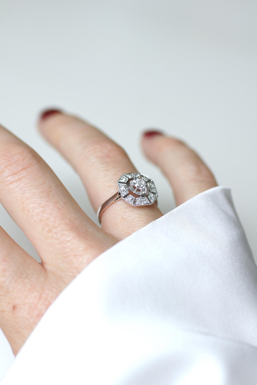 Octagonal Art Deco Ring 0.60 Ct Diamonds on White Gold and Platinum