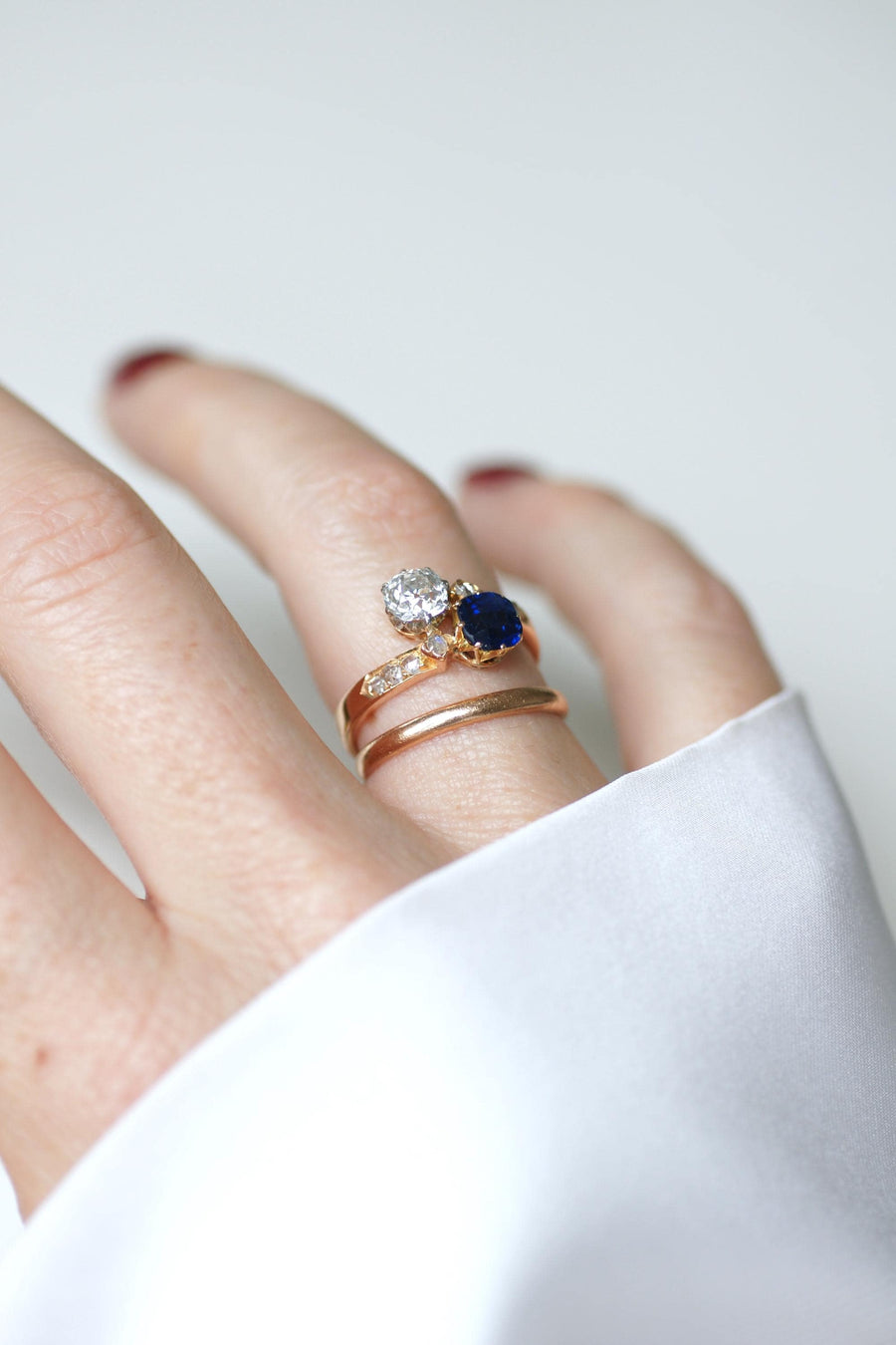 Toi et Moi Ring Sapphire and Diamond on Rose Gold and Platinum