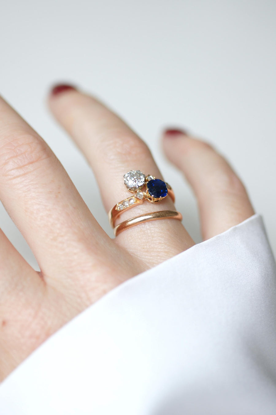 Toi et Moi Ring Sapphire and Diamond on Rose Gold and Platinum