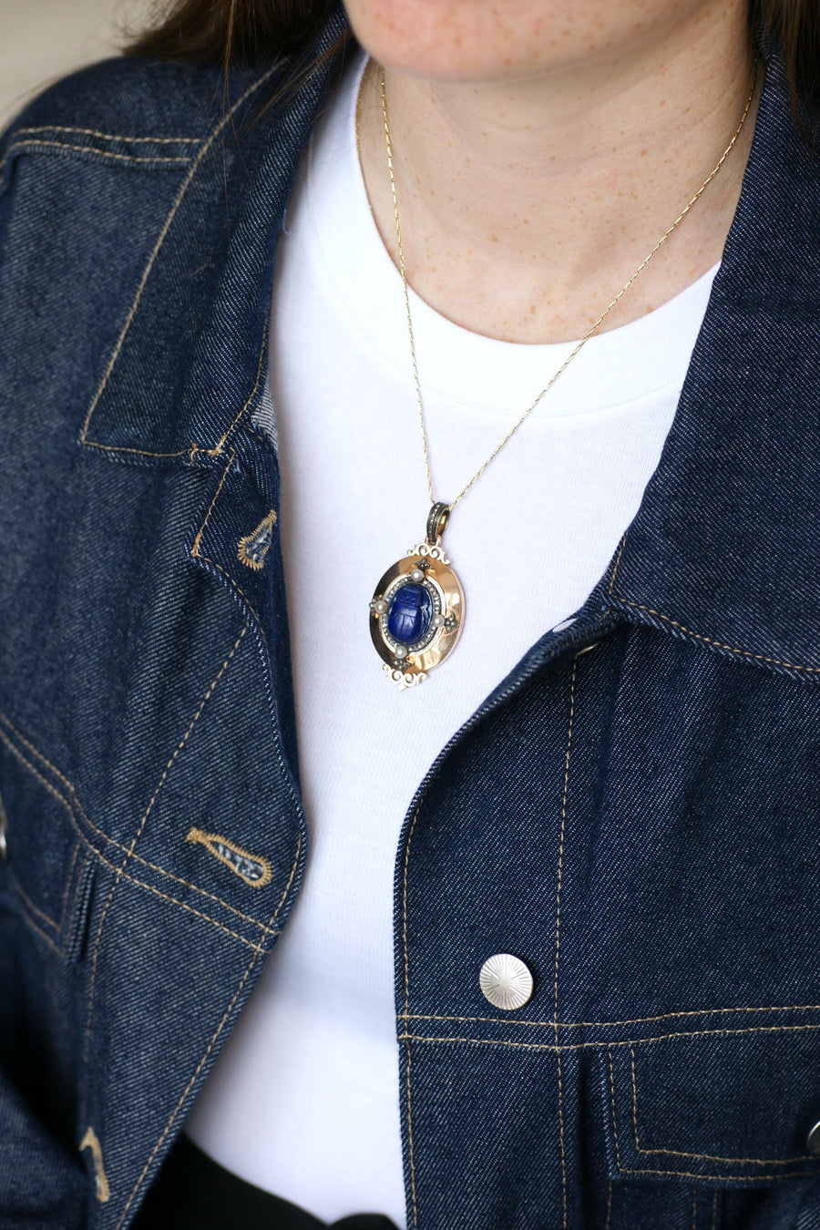 Medallion Pendant Opening Antique Scarab Lapis Lazuli Diamonds and Fine Pearls on Rose Gold Egyptomania