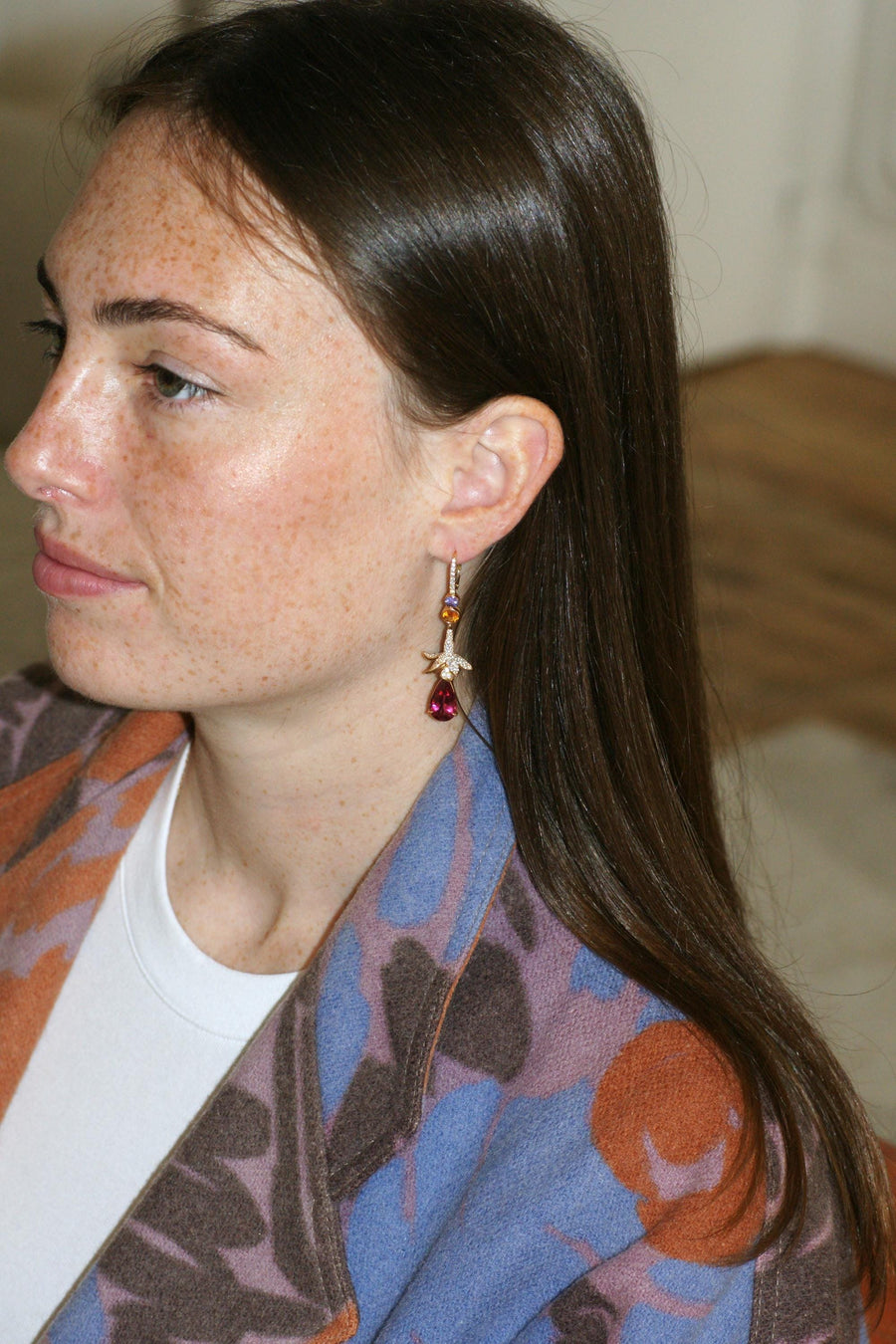 Lorenz Bäumer Long Rubellite, Sapphire, Heliodore and Diamond Earrings on Yellow Gold