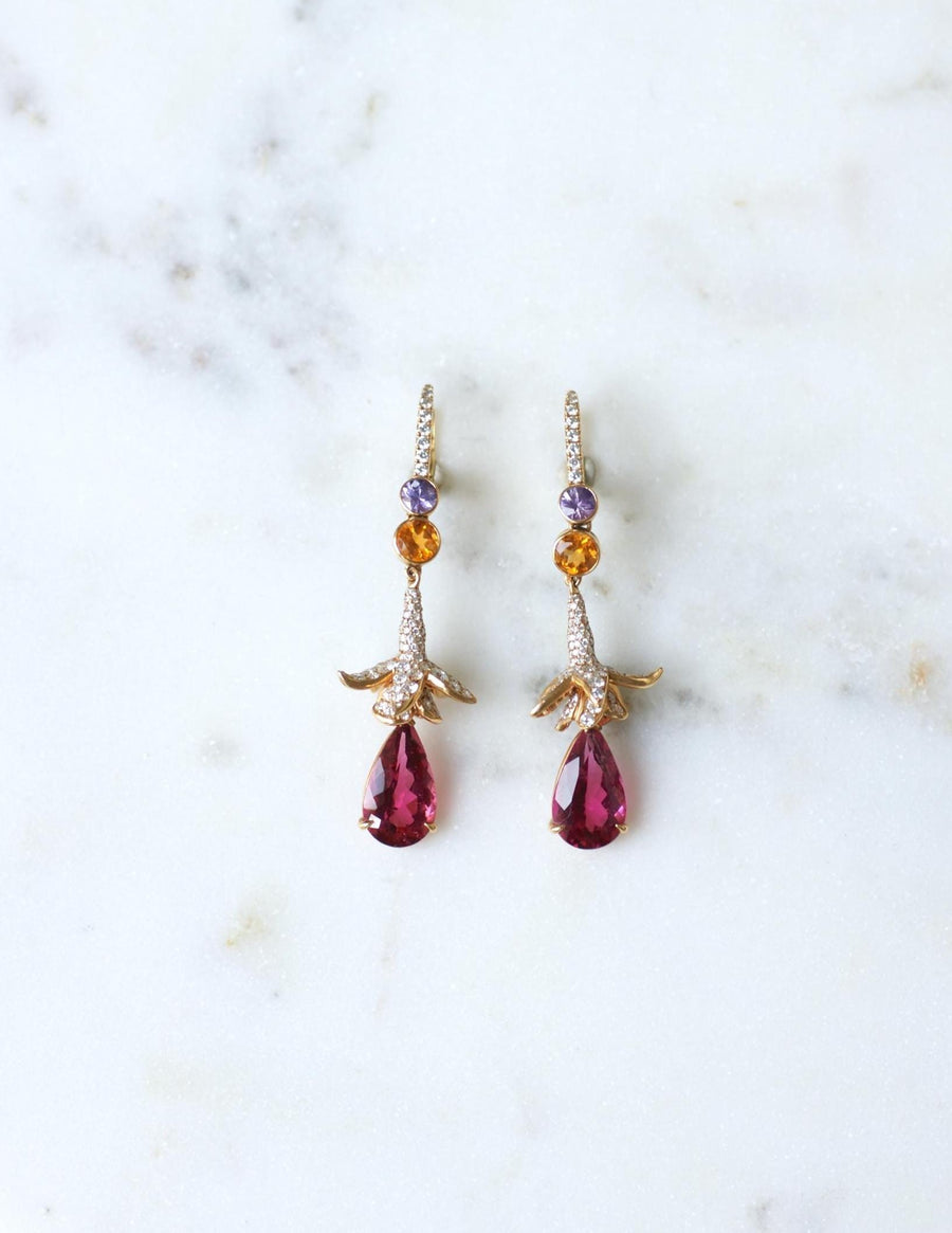 Lorenz Bäumer Long Rubellite, Sapphire, Heliodore and Diamond Earrings on Yellow Gold