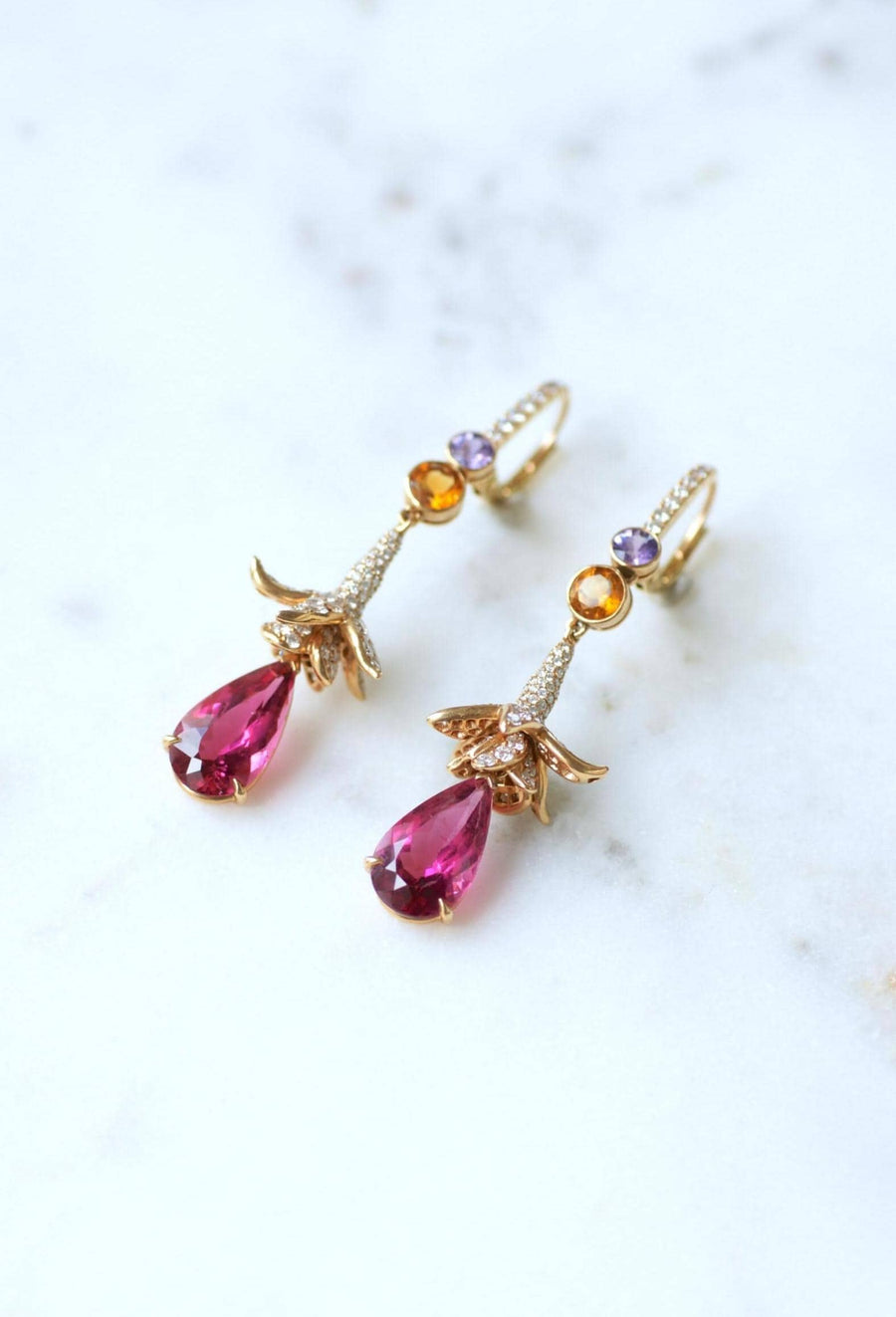 Lorenz Bäumer Long Rubellite, Sapphire, Heliodore and Diamond Earrings on Yellow Gold