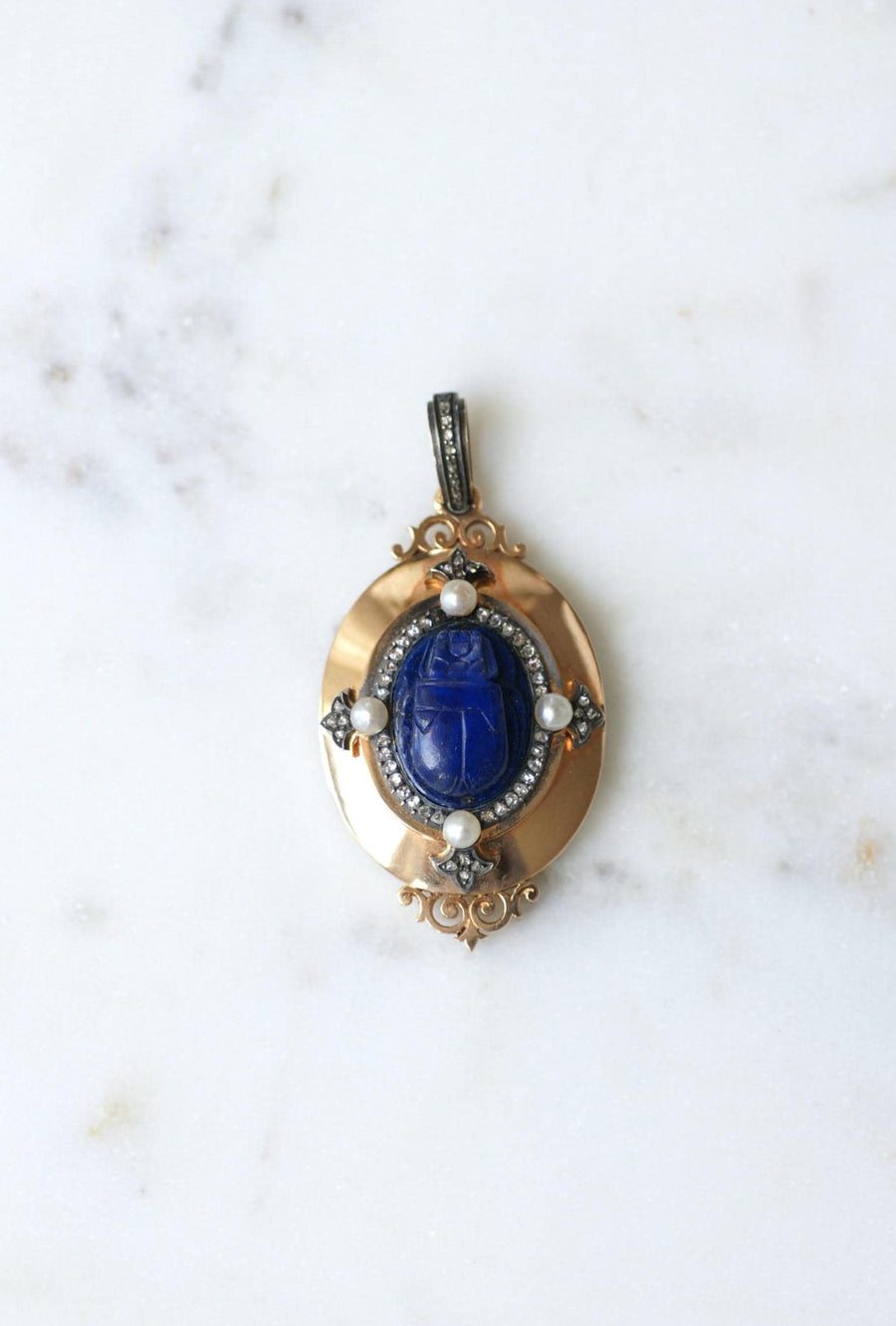 Medallion Pendant Opening Antique Scarab Lapis Lazuli Diamonds and Fine Pearls on Rose Gold Egyptomania