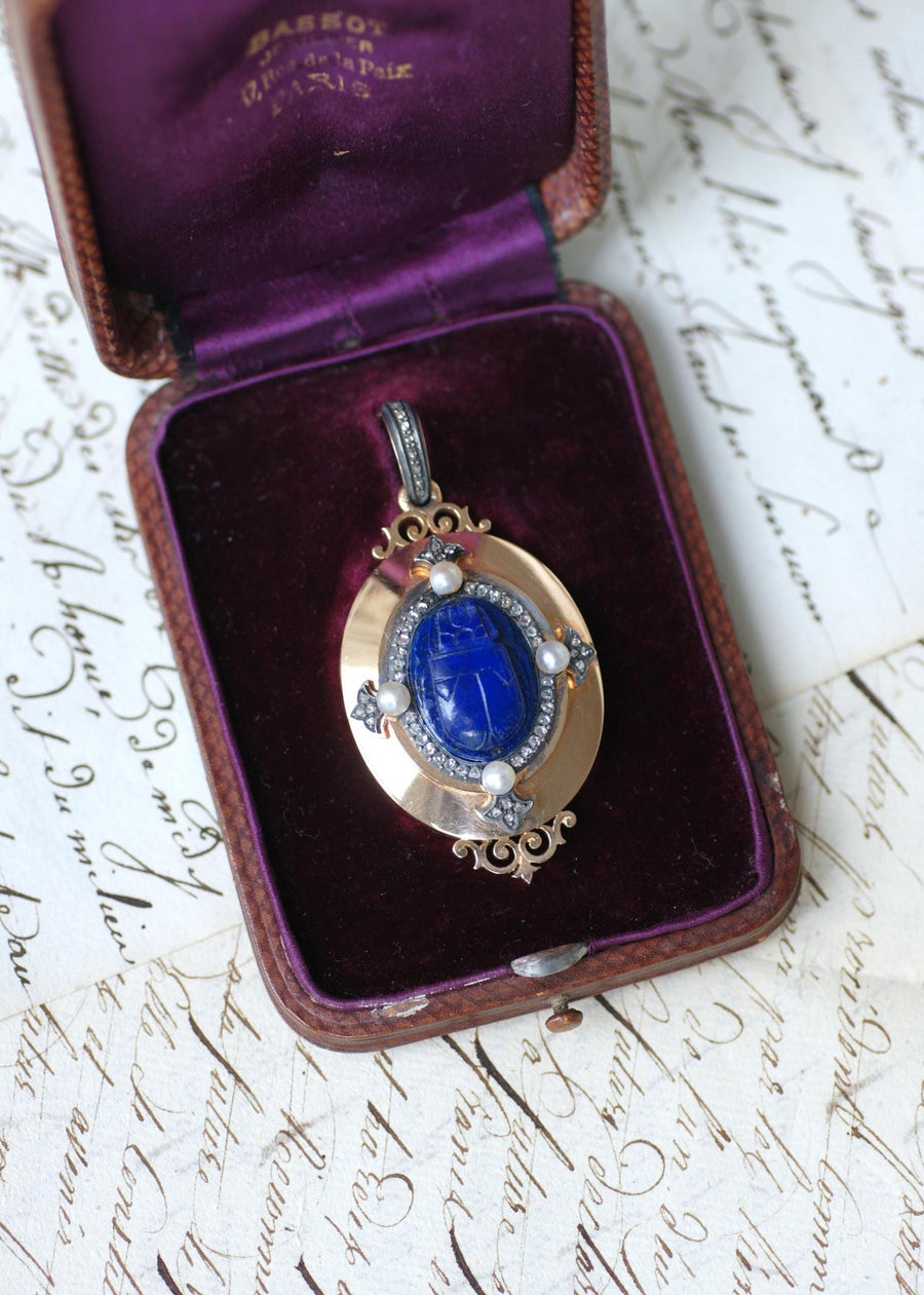 Medallion Pendant Opening Antique Scarab Lapis Lazuli Diamonds and Fine Pearls on Rose Gold Egyptomania
