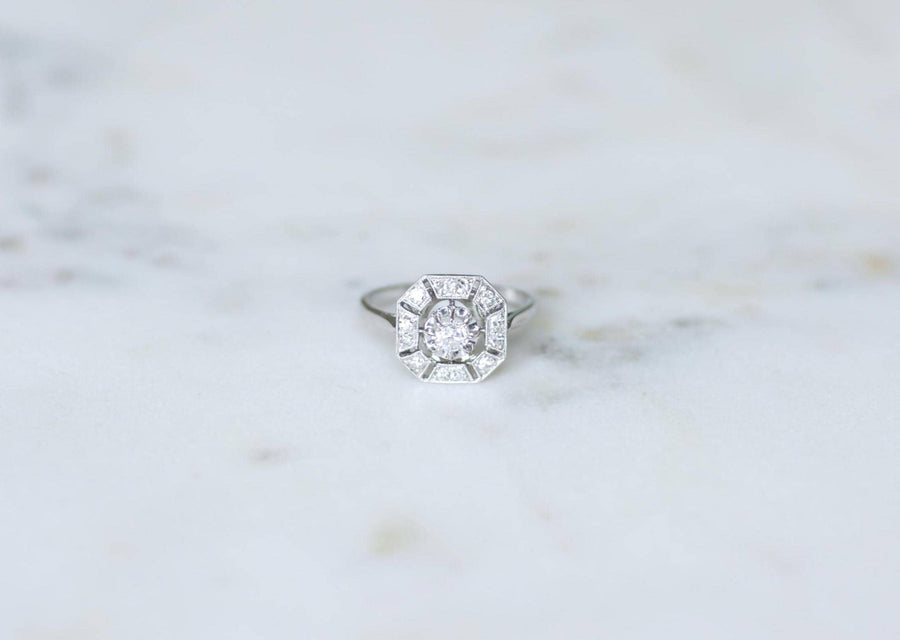 Octagonal Art Deco Ring 0.60 Ct Diamonds on White Gold and Platinum
