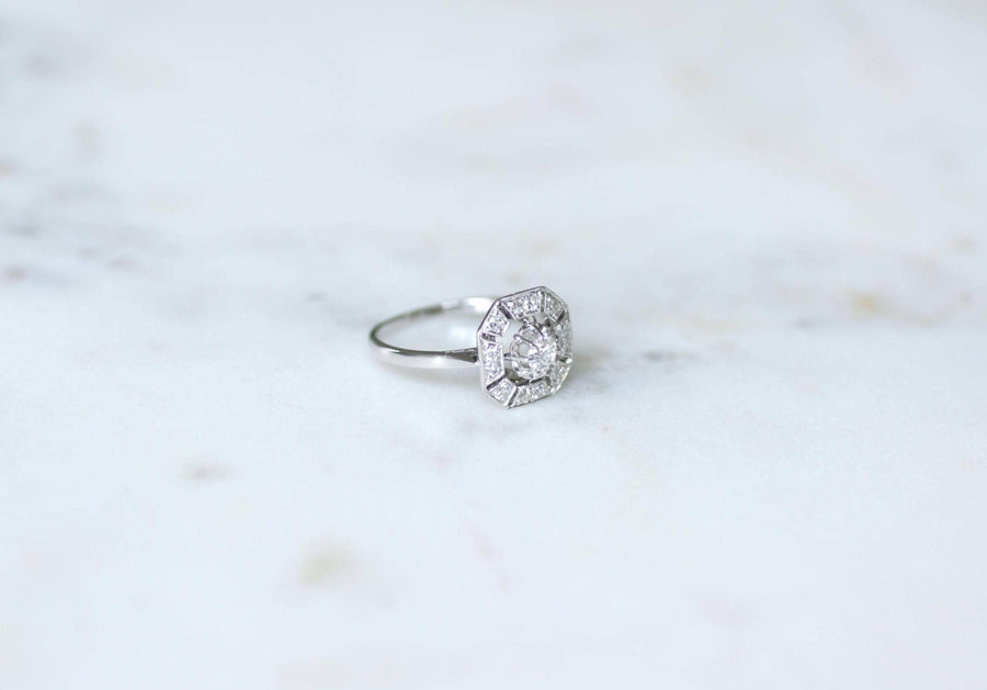 Octagonal Art Deco Ring 0.60 Ct Diamonds on White Gold and Platinum