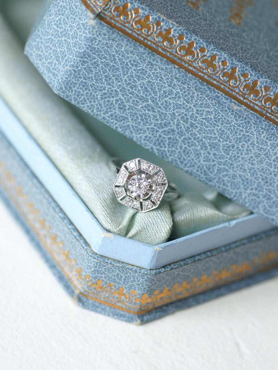 Octagonal Art Deco Ring 0.60 Ct Diamonds on White Gold and Platinum
