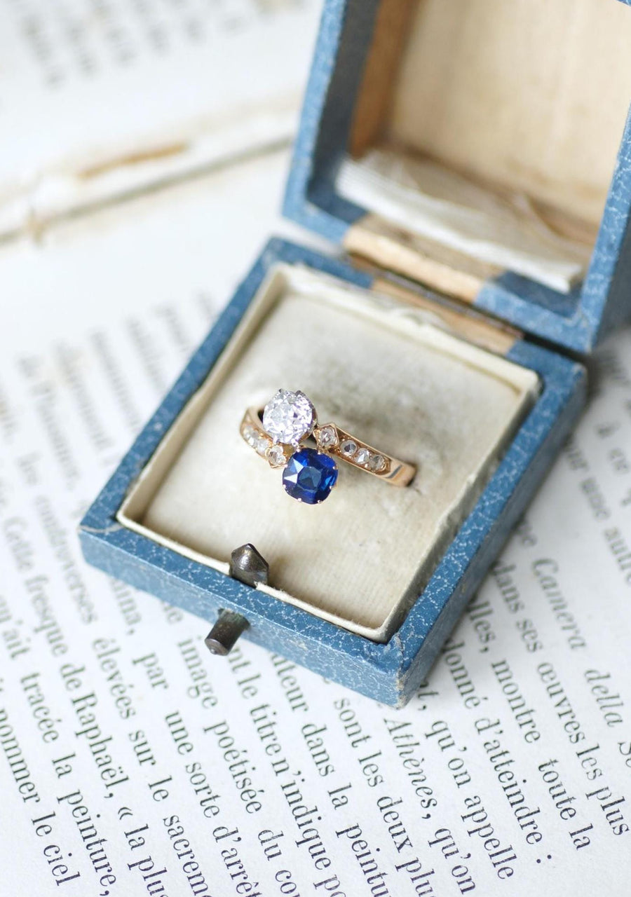 Toi et Moi Ring Sapphire and Diamond on Rose Gold and Platinum