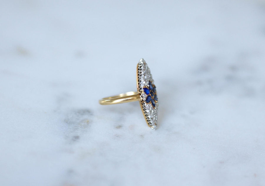 Antique Marquise Sapphire Star Ring Surrounded by Diamonds on Yellow Gold and Platinum