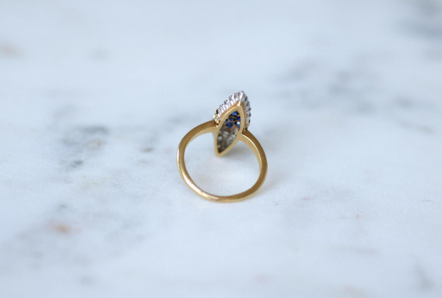 Antique Marquise Sapphire Star Ring Surrounded by Diamonds on Yellow Gold and Platinum