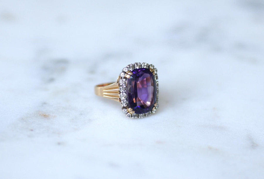 Cocktail Ring Amethyst and Diamonds on Rose Gold and Platinum 60s