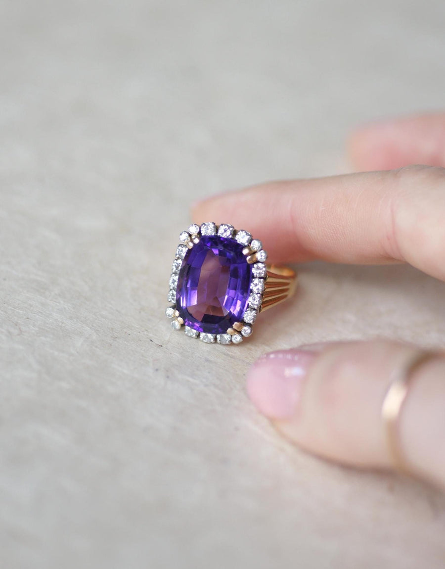 Cocktail Ring Amethyst and Diamonds on Rose Gold and Platinum 60s