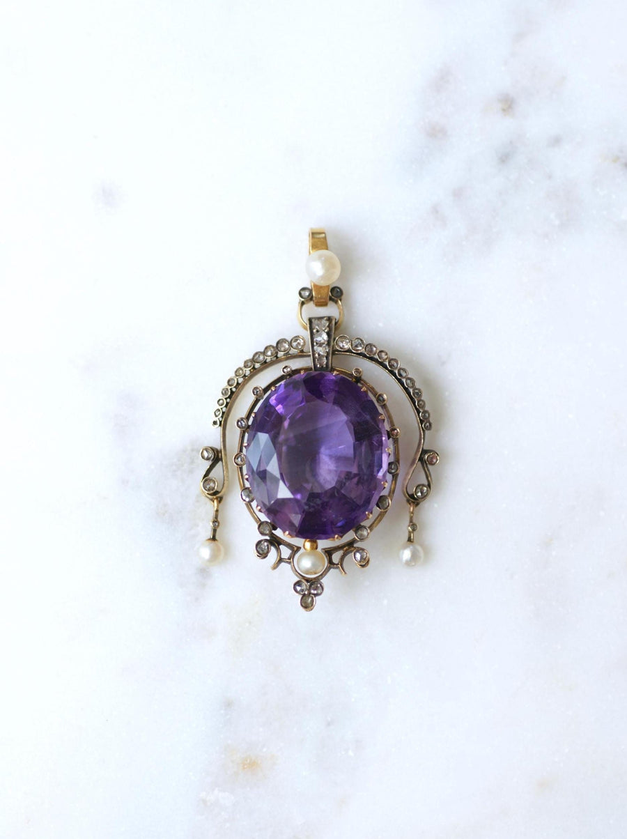 Antique Amethyst Diamond and Pearl Pendant on Rose Gold and Silver