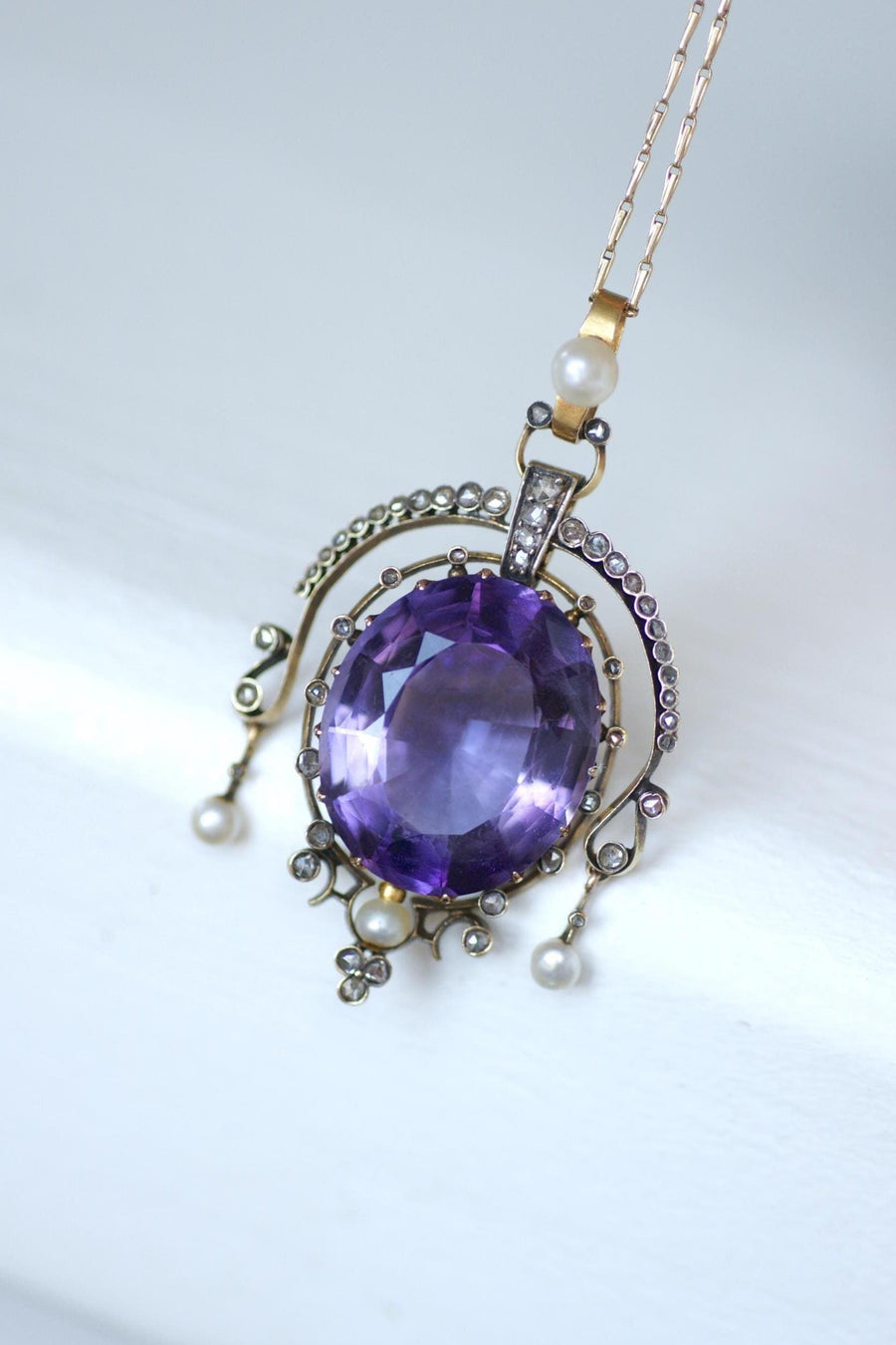 Antique Amethyst Diamond and Pearl Pendant on Rose Gold and Silver