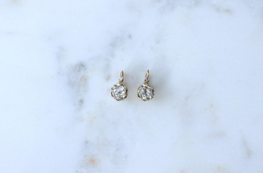 Antique Pink Crowned Diamonds Dormeuse Earrings on Rose Gold and Platinum