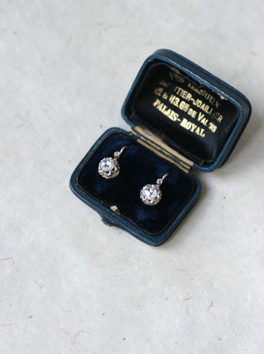 Antique Pink Crowned Diamonds Dormeuse Earrings on Rose Gold and Platinum