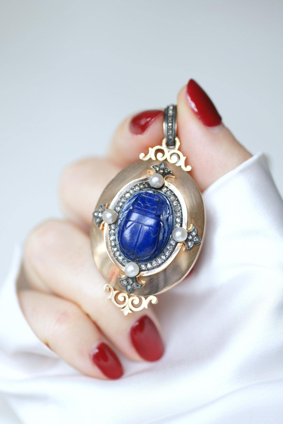 Medallion Pendant Opening Antique Scarab Lapis Lazuli Diamonds and Fine Pearls on Rose Gold Egyptomania