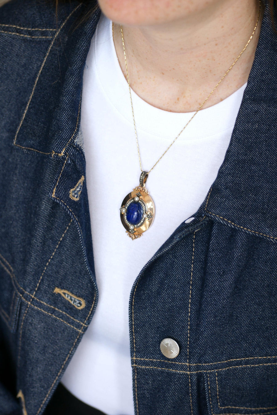 Medallion Pendant Opening Antique Scarab Lapis Lazuli Diamonds and Fine Pearls on Rose Gold Egyptomania