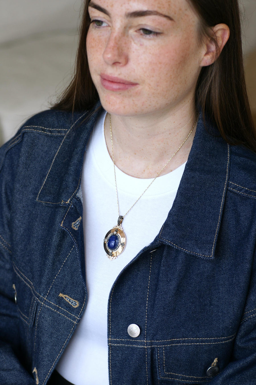 Medallion Pendant Opening Antique Scarab Lapis Lazuli Diamonds and Fine Pearls on Rose Gold Egyptomania