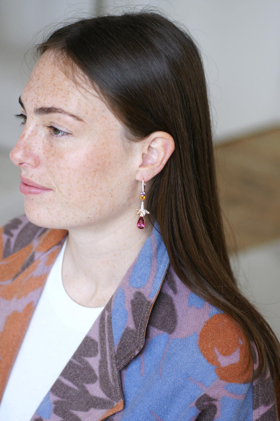 Lorenz Bäumer Long Rubellite, Sapphire, Heliodore and Diamond Earrings on Yellow Gold