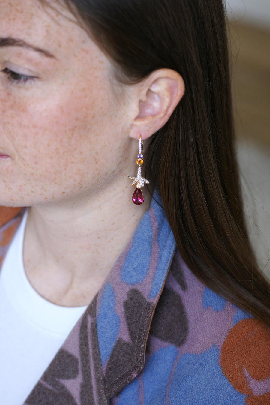 Lorenz Bäumer Long Rubellite, Sapphire, Heliodore and Diamond Earrings on Yellow Gold