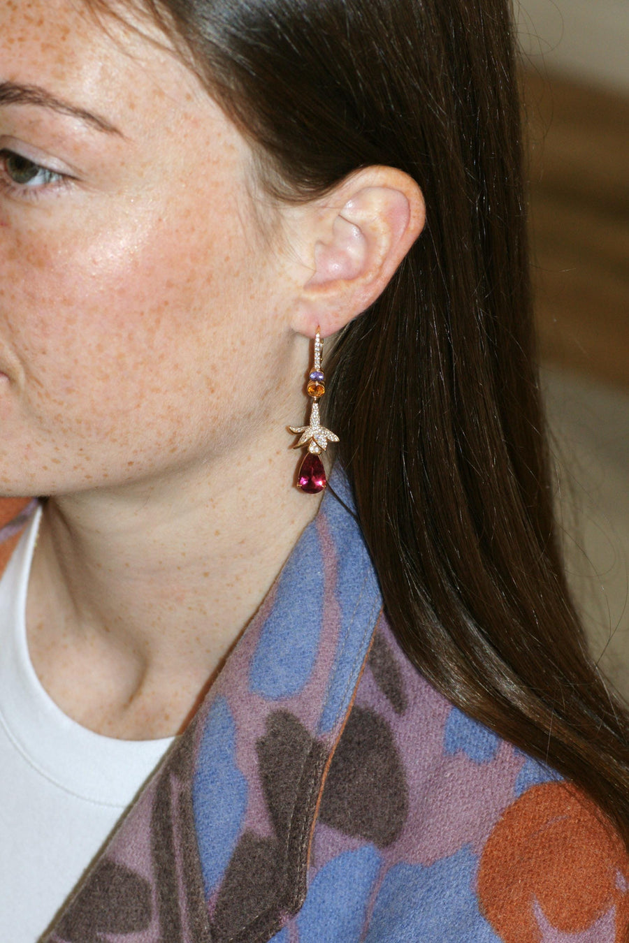 Lorenz Bäumer Long Rubellite, Sapphire, Heliodore and Diamond Earrings on Yellow Gold