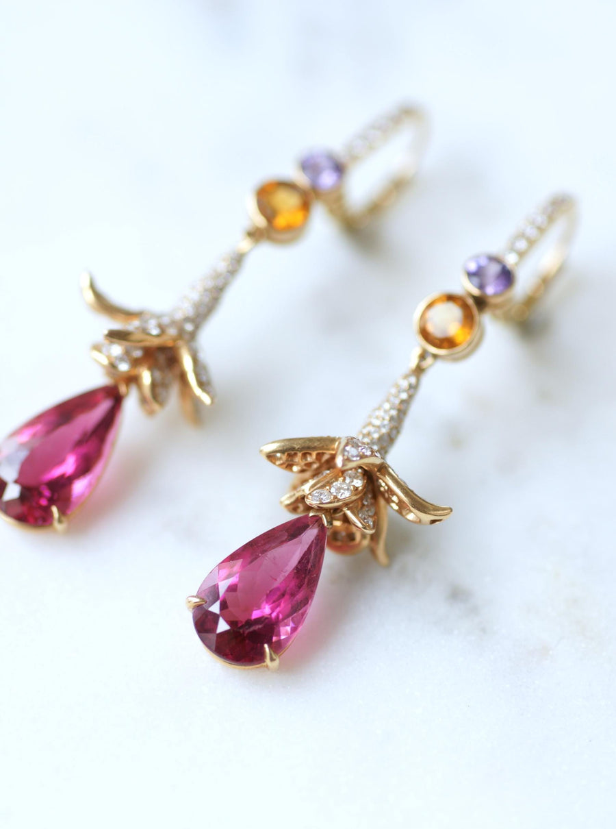 Lorenz Bäumer Long Rubellite, Sapphire, Heliodore and Diamond Earrings on Yellow Gold