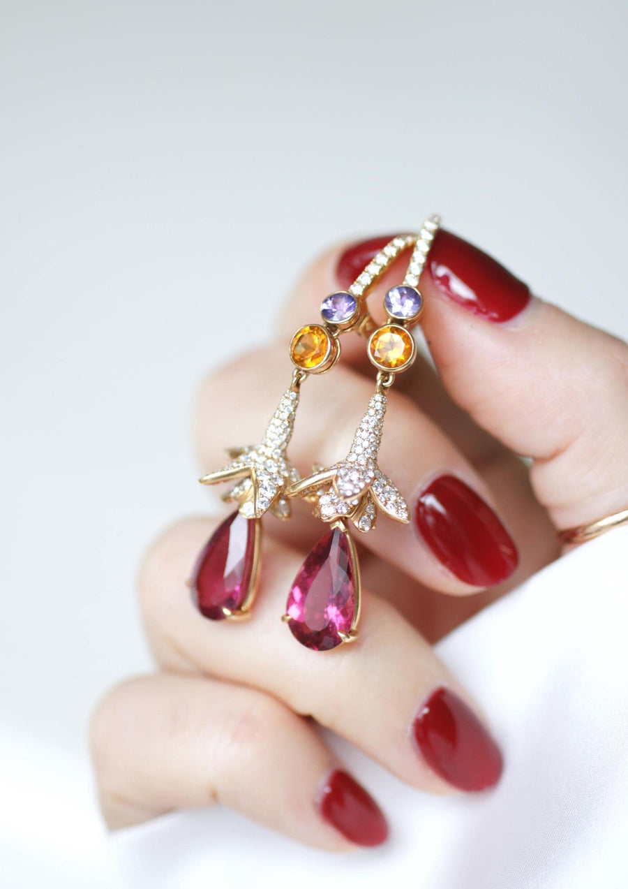 Lorenz Bäumer Long Rubellite, Sapphire, Heliodore and Diamond Earrings on Yellow Gold