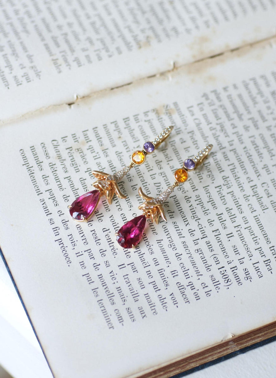 Lorenz Bäumer Long Rubellite, Sapphire, Heliodore and Diamond Earrings on Yellow Gold