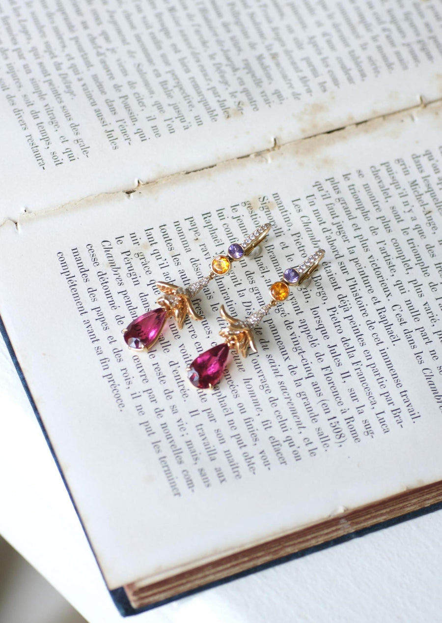 Lorenz Bäumer Long Rubellite, Sapphire, Heliodore and Diamond Earrings on Yellow Gold