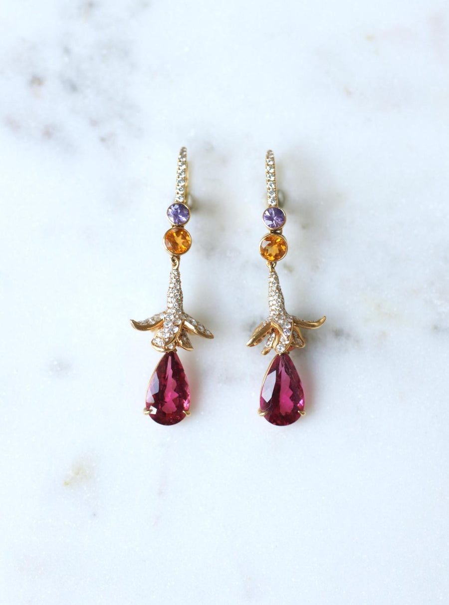 Lorenz Bäumer Long Rubellite, Sapphire, Heliodore and Diamond Earrings on Yellow Gold